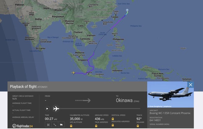 美军一架WC-135核侦察机今（23）日从东南亚海域北上，飞网日本冲绳。（画面撷取自flightradar 24）