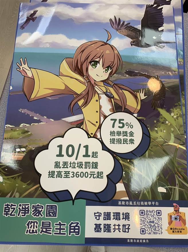 ▲本次宣导海报与基隆在地相当知名的动漫形象作品「基隆少女」合作，由「小白老师」廖志祥所设计的角色「吉古拉」担任宣导大使。（徐佑升摄）