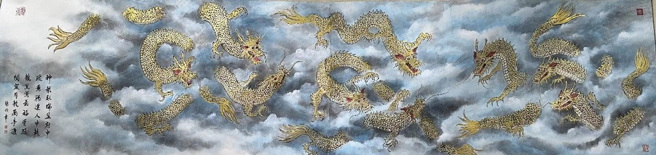 蔡俊章特别为明年龙年绘制九龙呈祥献瑞巨幅水墨画作。（图／蔡俊章提供）