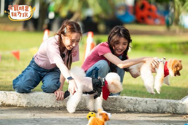 王敏淳（左）与韩菲的爱犬在《萌宠明星粗乃玩》中各自表演拿手才艺。（TVBS提供）