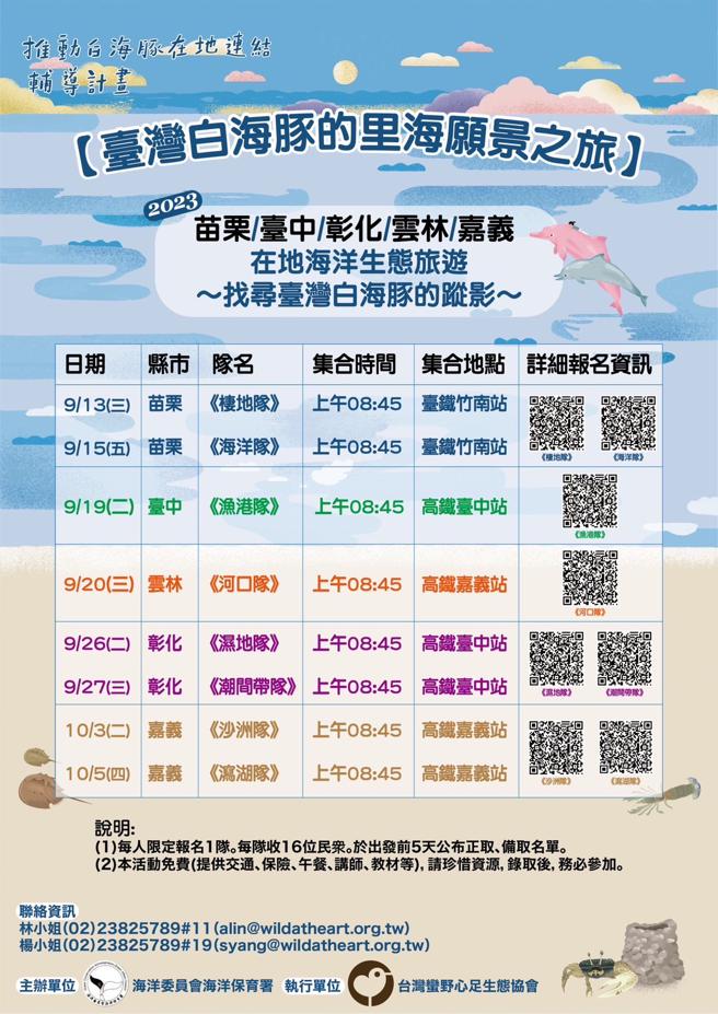 海洋保育署与社团法人台湾蛮野心足生态协会9月至10月将于苗栗、臺中、彰化、云林、嘉义沿海地区举办8场次「海洋生态旅游-臺湾白海豚的里海愿景之旅」。（图片来源：海洋保育署提供）