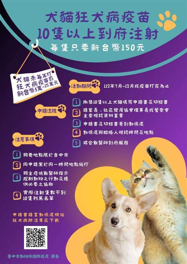 台中市政府动保处推出狂犬病疫苗到府施打活动，揪团10只以上可申请。（动保处提供／张亦惠台中传真）