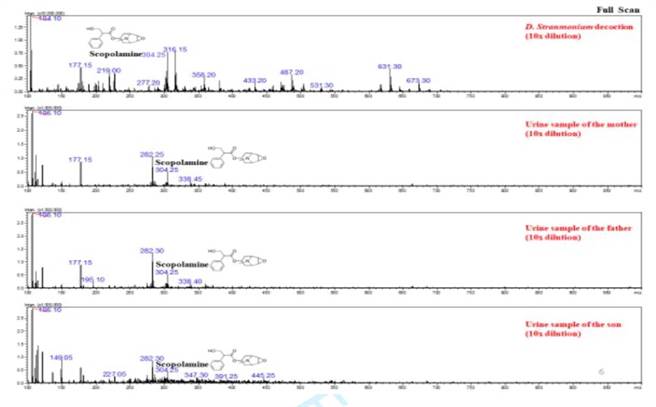 高医从符水、3人检体中，发现「东莨菪碱」有毒成分。由上而下依序为：符水、妈妈尿液、爸爸尿液、儿子尿液。（读者提供／崔正纲高雄传真）