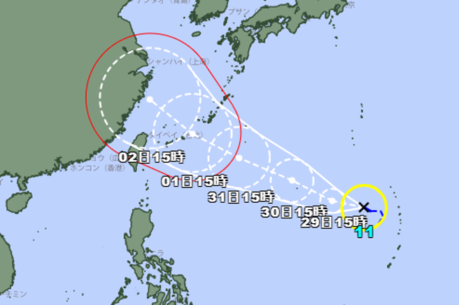 日本氣象廳今天上午宣布，馬里亞納群島附近的熱帶低氣壓生成為今年第11號颱風海葵，預測8月30日會接近沖繩地區。（圖/日本氣象廳官網）
