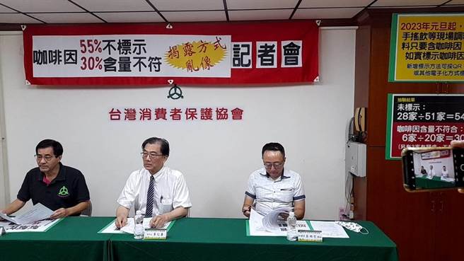 消保協會今舉行記者會，公布7月抽查飲料店結果，55％店家不標示咖啡因、30％店家含量不符。（柯宗緯翻攝）