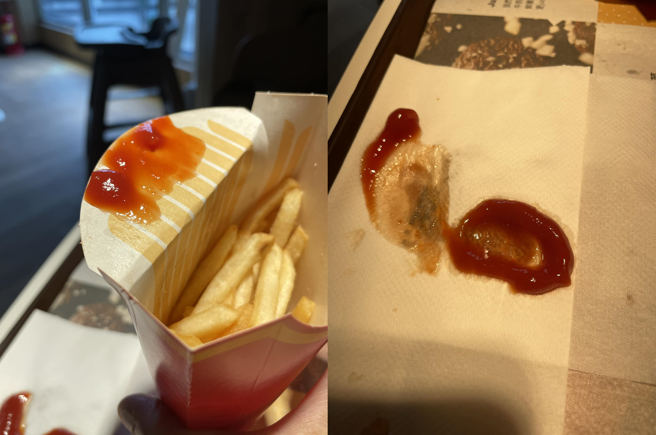 原PO把番茄酱改挤在纸巾上，薯条盒上女友也不满意。(翻摄自爆废公社二馆)