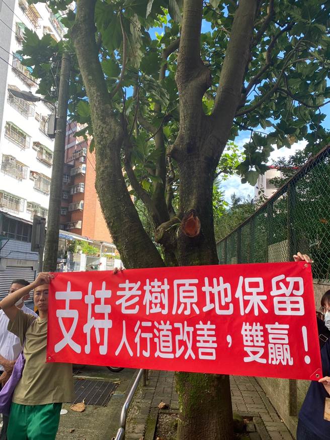 護樹團體舉布條建議保留麵包樹。（高鈞麟攝）