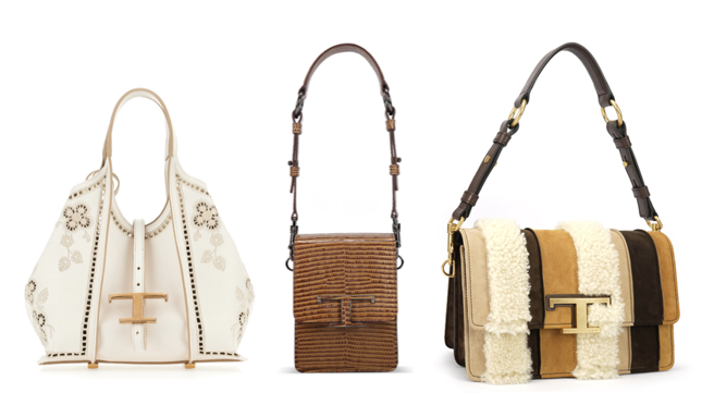 （左起）TOD’S T Timeless白色刺绣托特包，8万4100元、Timeless浅棕蜥蜴皮压纹迷你侧背包8万9900元、Timeless毛毛拼接风琴包9万9500元。（TOD’s提供/林欣仪台北传真）