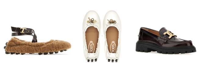 （左起）TOD’S棕色毛呢豆豆芭蕾舞鞋3万2900元、TOD’S白色金属吊饰豆豆芭蕾舞鞋2万8900元、TOD’S酒红Kate乐福鞋3万1800元。（TOD’s提供/林欣仪台北传真）