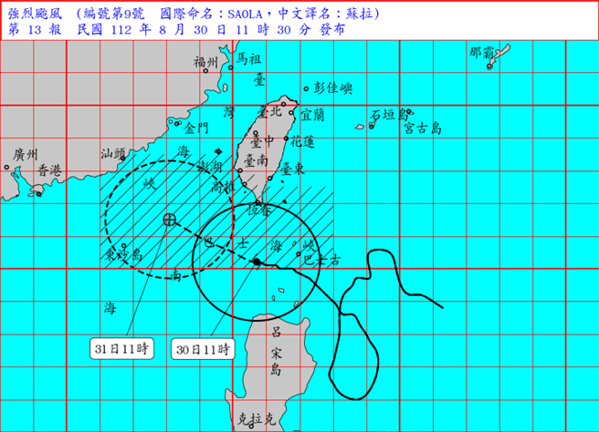 中央氣象局觀測顯示，蘇拉颱風今天11時中心位置在鵝鑾鼻的南方約 190 公里之海面上，並持續向西北西進行，過程中強度及暴風圈半徑再變大，且暴風圈也已接觸到台灣陸地。（翻攝自中央氣象局／林良齊台北傳真）
