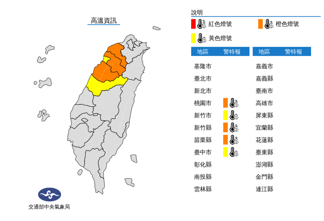气象局预测明天苗栗有38度极限高温。（翻摄自气象局）