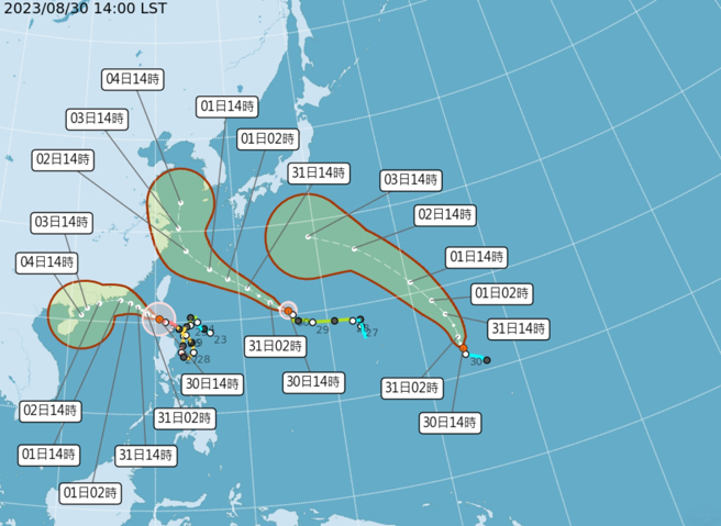 轻度颱风「鸿雁」30日晚间8点正式生成，气象局预估将向北移动，短期内对台湾没有影响。(图／气象局)