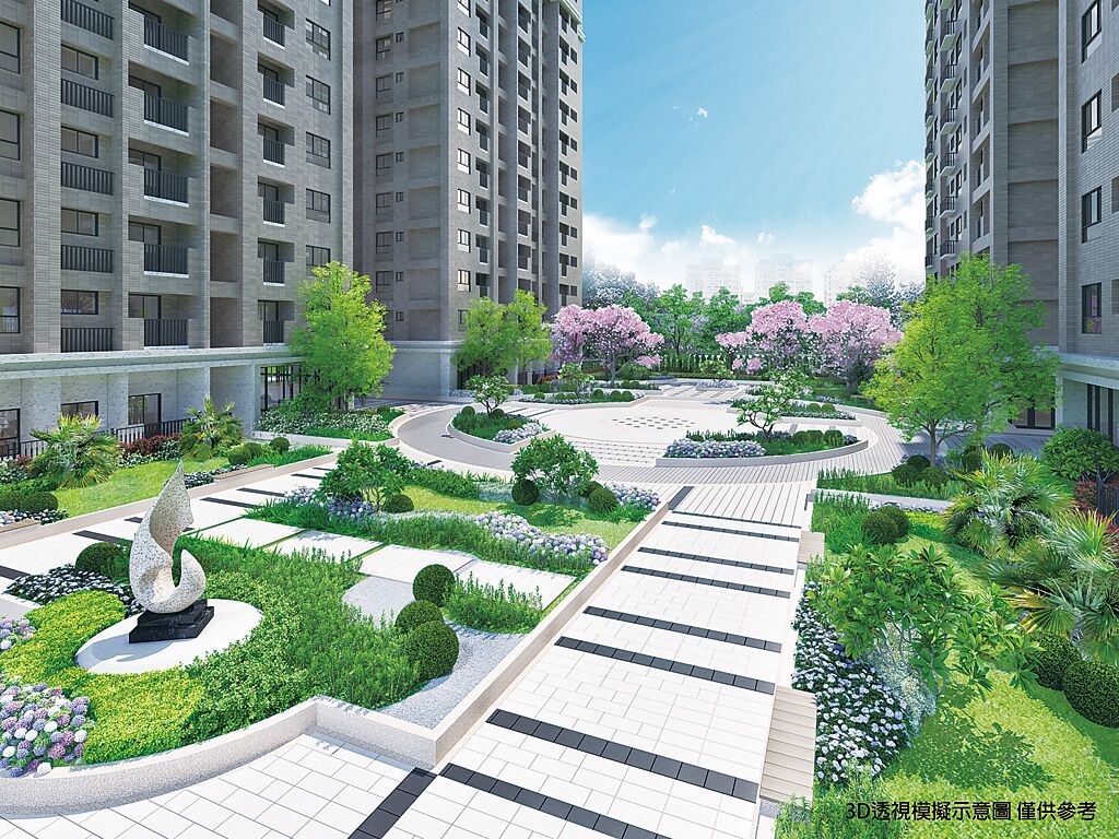 秉和建設在新竹縣新豐區域推出「心豐花園」建案，每坪開價僅約竹北一半。圖為3D示意圖。（業者提供）