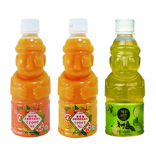 韓國展濟州島漢拏峰柑橘果汁、天惠香柑橘果汁、濟州島青橘果汁330ml，每瓶推薦價150元。（遠百提供）