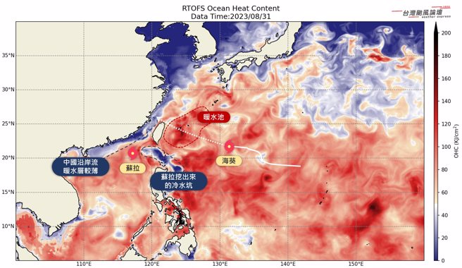 台湾颱风论坛分享最新海水热焓量分布图。（翻摄自台湾颱风论坛｜天气特急脸书）