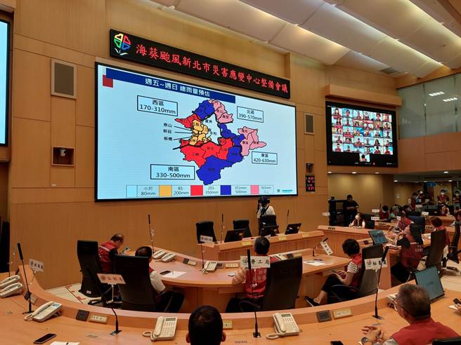 新北市副市长刘和然今天上午召开海葵颱风新北市灾害应变中心整备会议，听取颱风动态分析及灾害潜势分析。（新北市消防局提供）