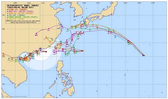 各國氣象預報顯示，海葵捉摸不定，路徑圖超亂。（翻攝賈新興臉書）