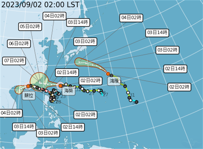 中央气象局预报指出，今天（２日）随着颱风逐渐接近，水气再增多，北部及东半部降雨机率提高，整日有间歇性阵雨出现，且越晚雨势越明显，局部有大雨或豪雨发生的机率，风力也逐渐增强，金门、马祖易有较强阵风，下午起北部、东半部（含兰屿、绿岛）沿海空旷地区将有８至９级强阵风。（翻摄自中央气象局／林良齐台北传真）