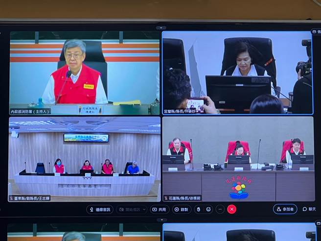 行政院長陳建仁視察中央災害應變中心，與宜蘭縣、花蓮縣、台東縣首長視訊。（王揚傑攝）