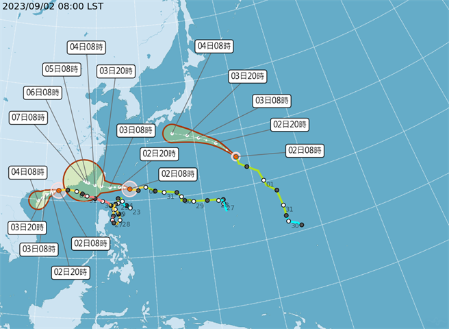據中央氣象局觀測，海葵颱風今天11時位置在鵝鑾鼻的東方約 520 公里海面上，持續向西進行。（翻攝自中央氣象局／林良齊台北傳真）