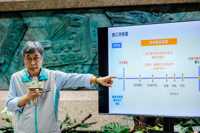 农业部上半年为解鸡蛋荒，砸下近5.7亿元补贴进口鸡蛋，但却遭爆逾6成补助都流向去年9月才成立、资本额仅50万元的一人公司「超思」；农业部2日举行记者会，公布所有中央畜产会提供之进口鸡蛋资料，包括贸易商名单、进口国别、进口数量、到岸价格、政府吸收差额，以说明专案鸡蛋进口合法、公开、透明，专案进口鸡蛋不是补助给特定进口贸易代理商，而是吸收进口蛋到岸价格与国内产地价差额、关税等费用，图为政务次长陈骏季(见图)说明专案流程。 (郭吉铨摄）