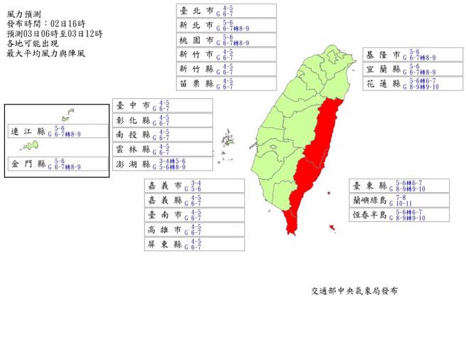 中央氣象局最新預測資料顯示，3日上午花蓮縣、台東縣、蘭嶼、綠島及恆春半島5個地區的風力強度已達停班、停課標準。（圖／翻攝自中央氣象局）