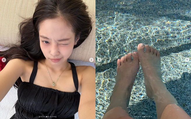 Jennie素颜略显憔悴，水中肥短脚趾头相当抢镜。（图／摘自BLACKPINK Jennie Instagram）