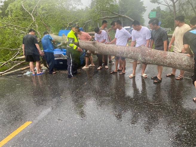 眾人協助將路樹移除，順利恢復交通通行。 （警方提供）