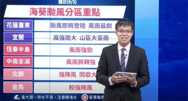 氣象局預報員劉宇其表示，颱風中心稍早已經通過綠島北方近海，綠島已經出現16級的強陣風，台東成功也測得15級強陣風，風勢相當的強，花蓮富里也測得12級強陣風，北部、宜蘭沿岸也有8-10級強陣風出現。（截取自中央氣象局YuoTube直播畫面）