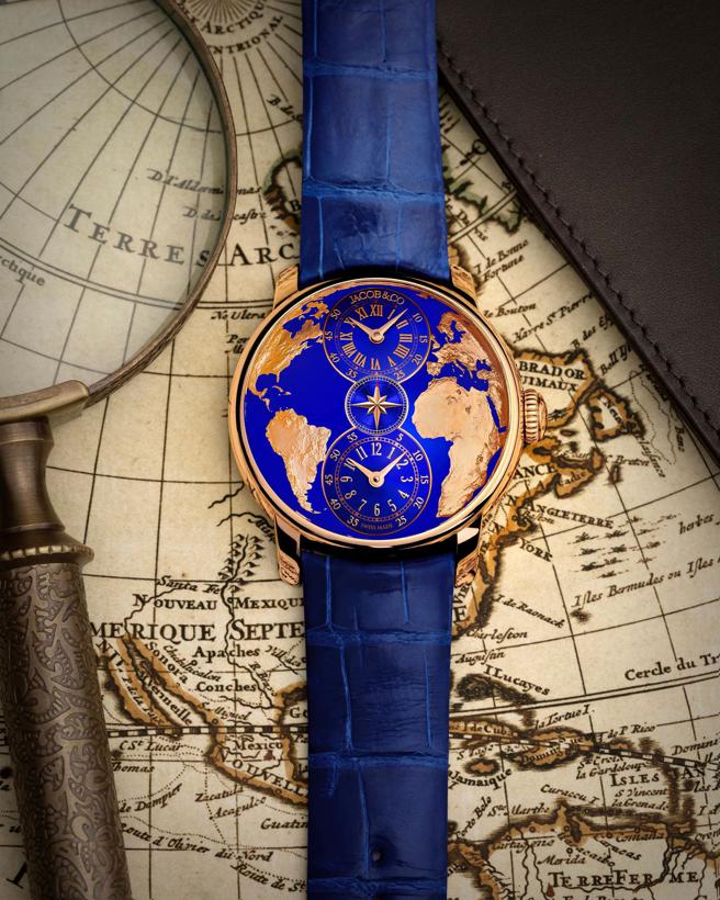 Jacob & Co.在表展发表一款World Is Yours两地时间Dual Time Zone腕表，源自父亲对儿子的期许与慈爱。（Jacob & Co.提供）