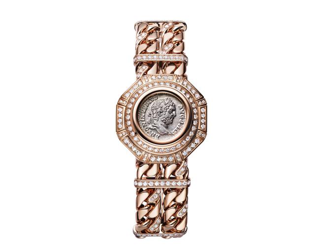 宝格丽Monete Catene系列古币神秘表，为罗马帝国卡拉卡拉大帝肖像古币。 （BVLGARI提供）