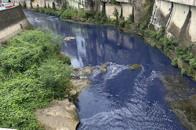 新竹县湖口乡德盛溪，4日被污染整条溪变「蓝色多恼河」，散发浓浓刺鼻味，并造成大量鱼群暴毙。（湖口乡公所提供／罗浚滨新竹传真）