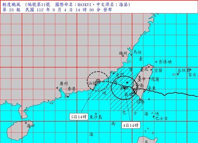 气象站指出，如「海葵」速度及路径不变，金门预计将在5日上午脱离颱风暴风半径。(图／撷取自中央气象局)