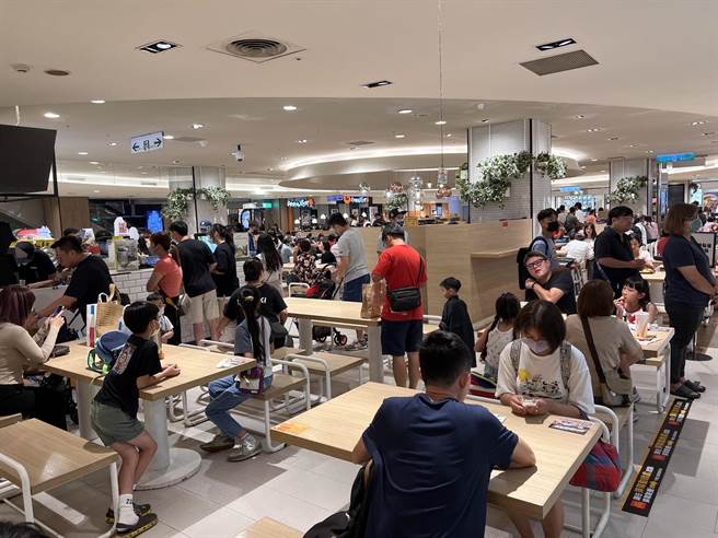 台中市4日停班停課一天，人潮湧入百貨賣場，新光三越美食街擠滿人潮。（民眾提供／馮惠宜台中傳真）