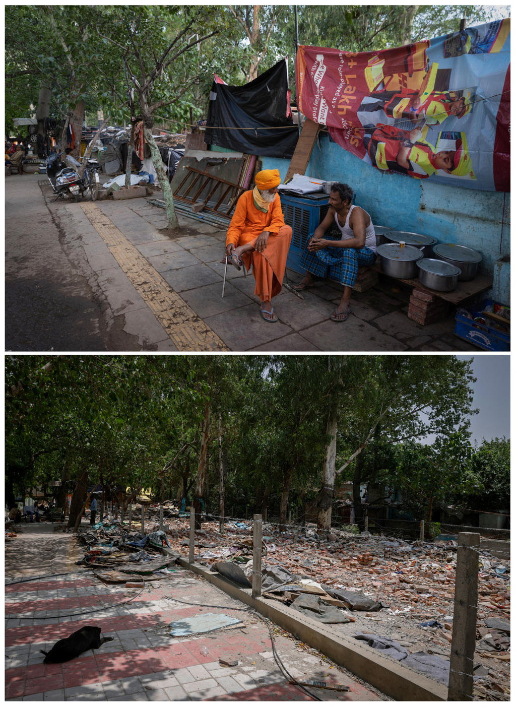 新德里G20主会场附近的一处街边贫民窟，今年5月29日还有居民生活（图上），6月15日景象显示已夷为平地（图下）。（路透）(photo:ChinaTimes)