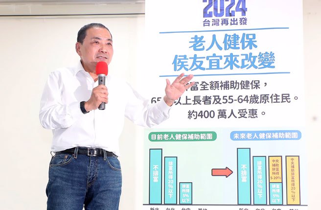  国民党总统参选人侯友宜5日出席「侯友宜来改变—检讨老人健保」活动，提出新的老人健保政策，将排富全额补助健保，65岁以上长者及55-64岁原住民，约400万人受惠。 （郑任南摄）