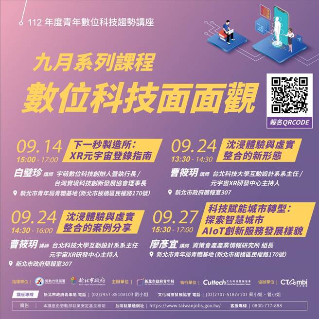 鼓励青年朋友多元学习，新北市青年局9月共推出4场课程。（新北市青年局提供）