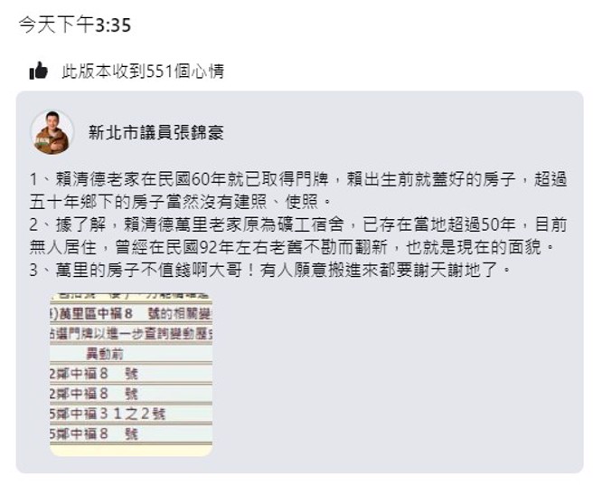 民进党新北市议员张锦豪在脸书酸自己选区，「万里的房子不值钱啊大哥！有人愿意搬进来都要谢天谢地了」，引发争议后又删文。(截自张锦豪脸书编辑纪录)