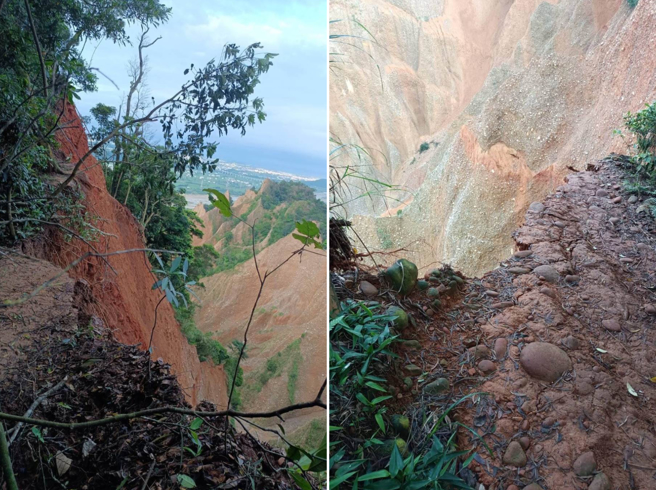 火炎山山径崩塌（左）；中断的山径（右）。（林业保育署新竹分署提供／李京升苗栗传真）