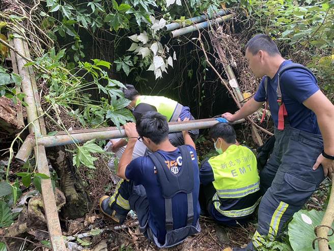 曾姓男子今晨不慎从遮雨棚摔落，警消先将曾姓伤者固定，抬上担架后，将他送往慈济医院治疗。（民眾提供）