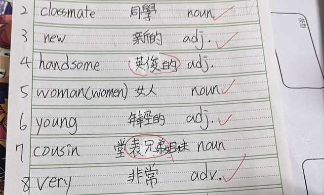 国一英文handsome翻「帅气的」被划错，结果正确答案是「英俊的」，让网友全都傻眼。（图／翻摄自脸书「爆废公社」）