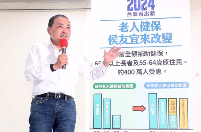 國民黨總統參選人侯友宜提出將排富全額補助健保，擴及65歲以上長者及55-64歲原住民。 （資料照片/鄭任南攝）