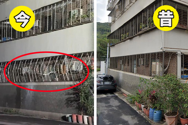 比对现场事发前后的画面，民宅一楼的铁窗已明显变形。（翻摄Google地图、合成图）