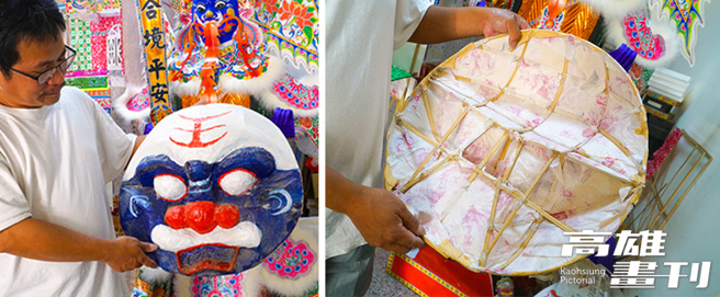 制作纸糊大士爷，先以细竹篾扎绑骨架，接着糊纸塑形，待纸模乾燥形成初胚，而后上底色、彩绘细节、上亮光漆，并使用剪、黏、雕等技法装饰战甲纹样细节，图为大士爷腰带上的狮头。(摄影/Cindy Lee)