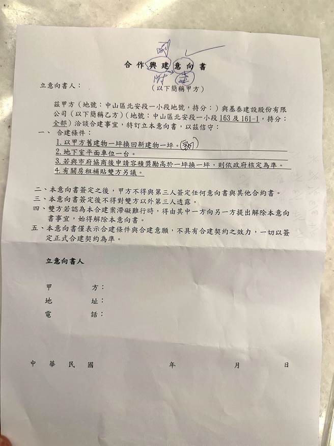 民眾党台北市议员林珍羽揭露，一整天未露面的基泰建设，竟然在向受灾户致赠慰问金时，还向住户提出「合作兴建意向书」的签署，也让受灾户直呼「太扯了」。（林珍羽办公室提供／丁上程台北传真）