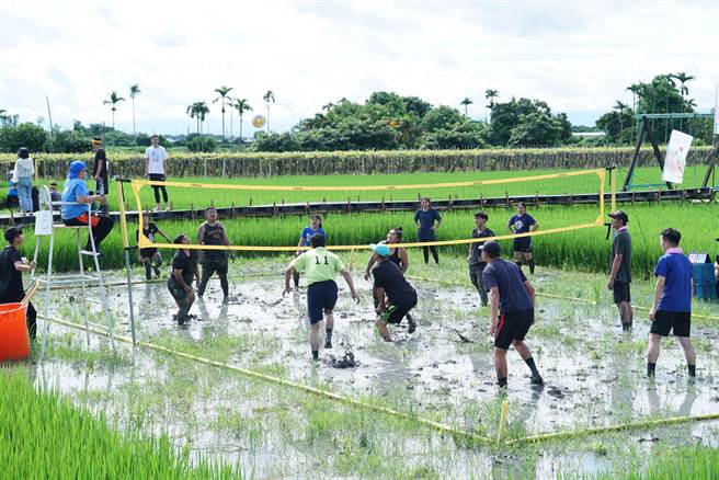 选手们为了救球扑倒在水田里，儘管全身弄得脏兮兮，但每个人在阳光下不时露出灿烂的笑容，享受最「在地」的水田排球。（吴建辉摄）