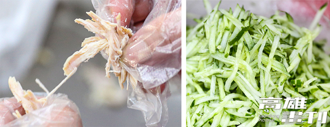 凉麵里搭配小黄瓜、红萝卜、鸡肉都要切成细丝，并坚持讲究手工制程。(摄影/Carter)
