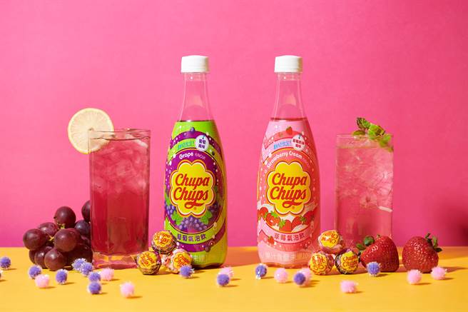 加倍佳跨界推氣泡飲，包含經典棒棒糖草莓奶油、葡萄口味，限時嚐鮮有折扣。（佳格食品提供／朱世凱台北傳真）