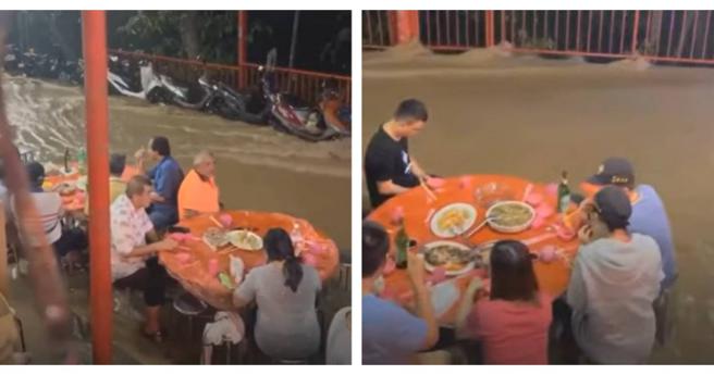 嘉义暴雨滚滚黄泥水湍急，民眾办桌宴客变「正港流水席」。（图／民眾提供）