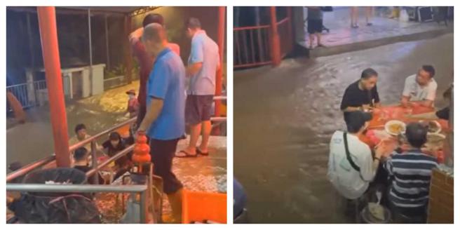 嘉义暴雨滚滚黄泥水湍急，民眾办桌宴客变「正港流水席」。（图／民眾提供）